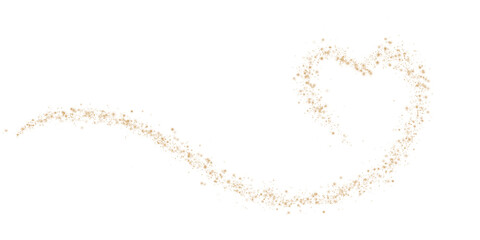 Golden star trail in the shape of a heart. Shimmering dust flying and leaving behind a heart-shaped trail. Bright dust particles glow with the special festive light of Christmas. PNG. 