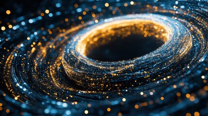 Abstract cosmic swirl of golden and blue light particles, creating a mesmerizing vortex effect. A digital artwork representing energy, dynamism, and the infinite expanse of space.