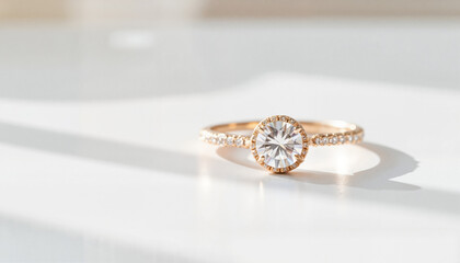 Minimalist gold engagement ring with diamond in sunlight