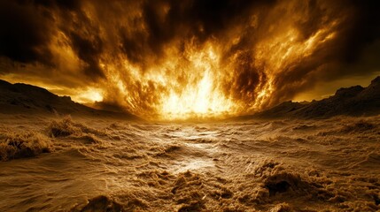 Apocalyptic Sunset: Fiery Sky Over a Flooded Landscape