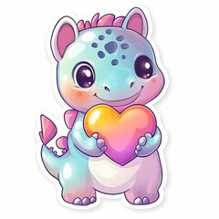 Cute dinosaur character holding a colorful heart in a joyful setting