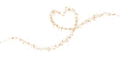 Golden star trail in the shape of a heart. Shimmering dust flying and leaving behind a heart-shaped trail. Bright dust particles glow with the special festive light of Christmas. PNG.  © Orange Sky