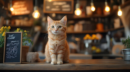 Orange tabby cat looking at camera on pet shop background