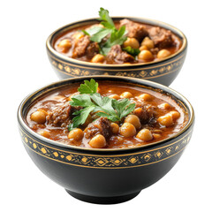 Moroccan chickpea stew with meat and spices isolated on white or transparent PNG
