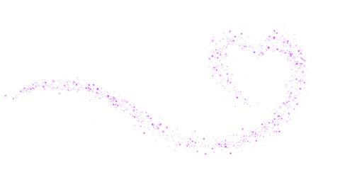 Purple star trail in the shape of a heart. Shimmering dust flying and leaving behind a heart-shaped trail. Bright dust particles glow with the special festive light of Christmas. PNG. 