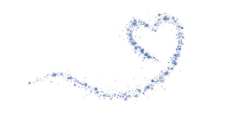 Blue star trail in the shape of a heart. Shimmering dust flying and leaving behind a heart-shaped trail. Bright dust particles glow with the special festive light of Christmas. PNG. 