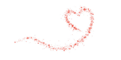 Red star trail in the shape of a heart. Shimmering dust flying and leaving behind a heart-shaped trail. Bright dust particles glow with the special festive light of Christmas. PNG. 