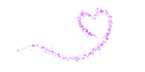 Purple star trail in the shape of a heart. Shimmering dust flying and leaving behind a heart-shaped trail. Bright dust particles glow with the special festive light of Christmas. PNG. 