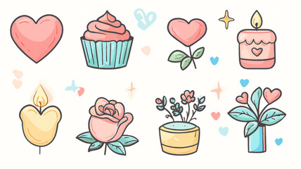 Fototapeta premium Set of cute Easter-themed icons featuring desserts like cupcakes, cakes, muffins, and candies in pink and chocolate colors, perfect for birthday, celebration, and Valentine designs