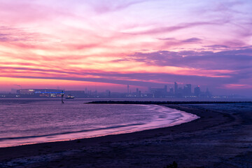 Colourful sunrise over city of Liverpool iconic architecture
