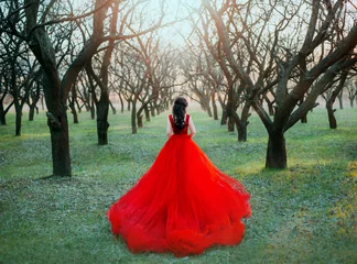 Poster Mysterious beauty silhouette medieval happy woman. long red dress train. Princess walks in spring forest. bare autumn black tree divine sun rays. Young vintage queen enjoys green nature Rear view back