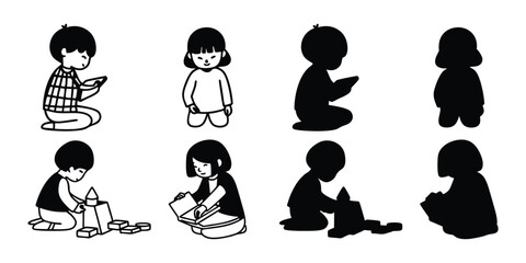 Children Reading and Playing - Vector Silhouettes & Line Art Set clipart.