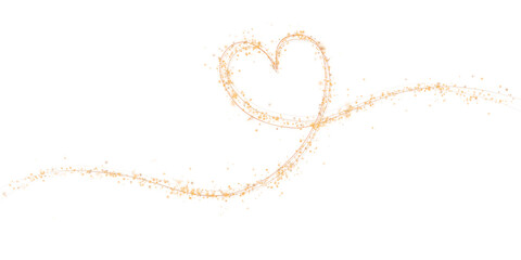 Orange star trail in the shape of a heart. Shimmering dust flying and leaving behind a heart-shaped trail. Bright dust particles glow with the special festive light of Christmas. PNG. 