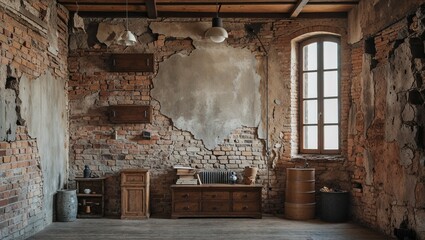The ancient stone walls of the abandoned medieval house crumble around the wooden door and window openings, a haunting testament to a bygone era