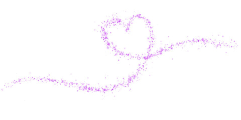 Purple star trail in the shape of a heart. Shimmering dust flying and leaving behind a heart-shaped trail. Bright dust particles glow with the special festive light of Christmas. PNG. 
