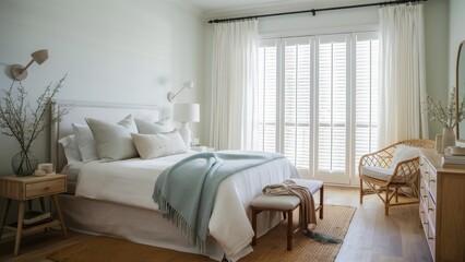 Cozy bedroom interior, white brick wall, large comfortable bed, soft pastel colors, natural light, sheer white curtains, wooden floors, rattan furniture, potted plant, woven rug, minimalist decor, Sca