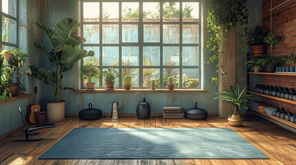 Gym at Home: Minimal equipment setup like yoga mats, dumbbells, and a water bottle