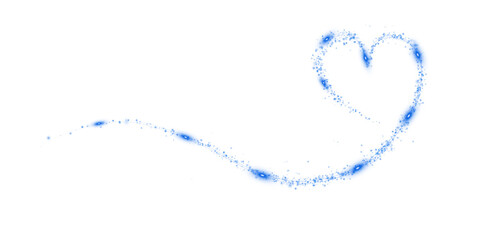 Blue star trail in the shape of a heart. Shimmering dust flying and leaving behind a heart-shaped trail. Bright dust particles glow with the special festive light of Christmas. PNG. 