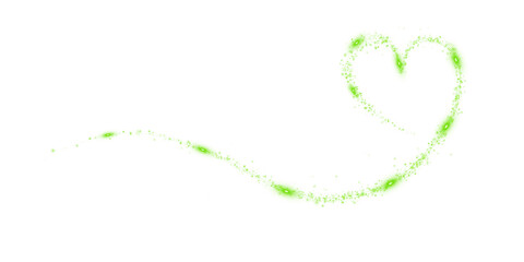 Green star trail in the shape of a heart. Shimmering dust flying and leaving behind a heart-shaped trail. Bright dust particles glow with the special festive light of Christmas. PNG. 