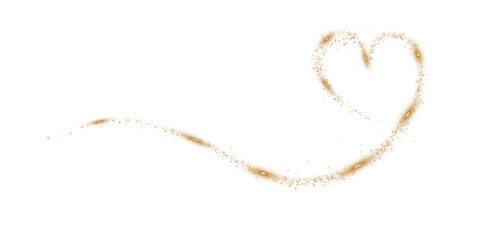 Golden star trail in the shape of a heart. Shimmering dust flying and leaving behind a heart-shaped trail. Bright dust particles glow with the special festive light of Christmas. PNG. 