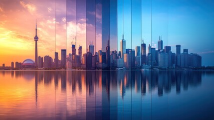 Fototapeta premium Toronto skyline timelapse, showcasing city's reflection in water throughout day's changing light.