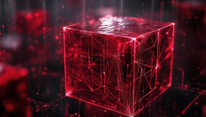 Digital cube surrounded by glowing red elements in a foggy environment