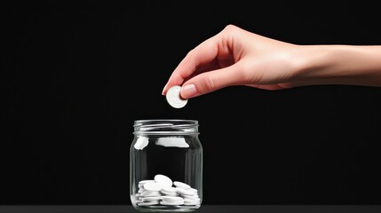 A hand carefully drops a coin into a glass jar, signifying savings and financial security.