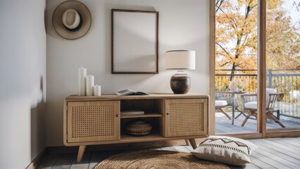 Interior design, Scandinavian style, cozy living room, wooden sideboard, large window, autumn view, floor cushion, table lamp, minimalist decor, neutral colors, woven basket, framed art, ceramic vase,