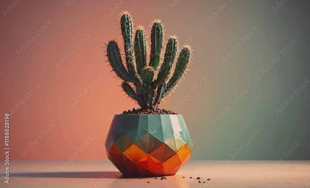 Poster cactus is in a vase with a brown and orange base. the vase is on a table