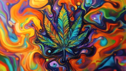 Vibrant cannabis leaf in swirling, psychedelic colors.