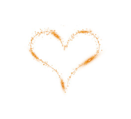 Orange star trail in the shape of a heart. Shimmering dust flying and leaving behind a heart-shaped trail. Bright dust particles glow with the special festive light of Christmas. PNG.