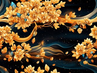 Seamless abstract decorative 3d leaves pattern background, Abstract Floral Art with Golden Flowers on Dark Background