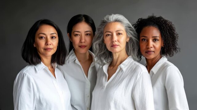 A group of four diverse confident women of different ages and ethnicities pose together in white shirts against a neutral gray background, representing woman empowerment.