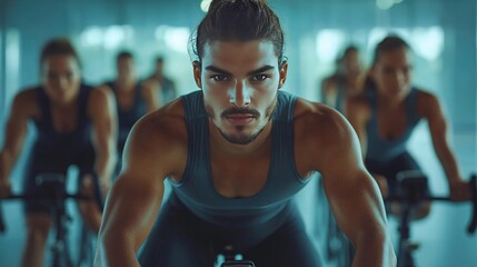 A cycling instructor leading an energetic group of participants in a high-intensity cycling class, with each participant focused on their workout on stationary bikes in a gym.