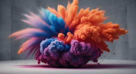 Fototapeta premium Explosive colorful powder cloud, vibrant hues, orange blue pink, dynamic motion, high-speed photography, paint powder, abstract art, dramatic lighting, dark background, particles in mid-air, frozen mo