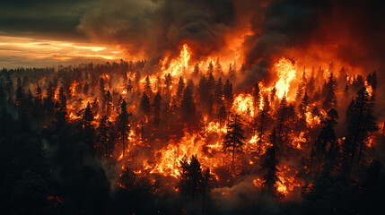 Vivid portrayal of a forest fire blazing at night, showcasing intense flames spreading across the landscape while smoke rises, emphasizing the urgency and severity of the disaster in nature.