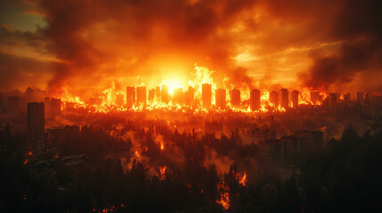 Fototapeta premium Stunning image of a city on fire at night, with flames consuming the skyline, illustrating the catastrophic effects of a forest fire nearby, surrounded by thick smoke and a dramatic glow.