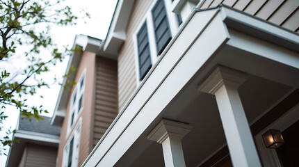 Fototapeta premium Modern House Exterior: Architectural Design and Real Estate Photography. Discover stunning home exteriors, showcasing modern architecture, design details, and luxury real estate.
