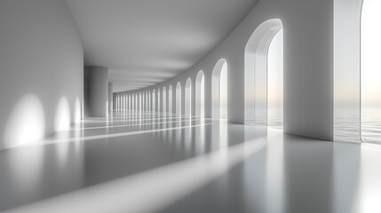 Modern minimalist architecture; curved hallway with arched windows overlooking the ocean at sunset.