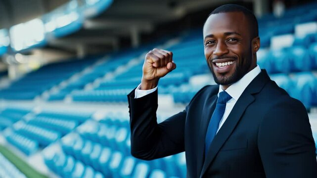 Smiling African-American businessman in suit raising his fist in a stadium seating area, exuding professionalism and success.