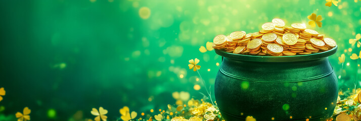 gold coins in a green pot on green background