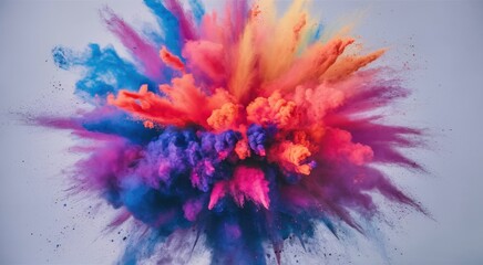 Explosive colorful powder cloud, vibrant hues, dynamic splash, abstract art, high-speed photography, multicolored particles, freeze-frame explosion, paint powder, color burst, dramatic lighting, dark 