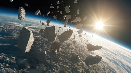 Asteroid fragments falling towards Earth, a breathtaking space scene.