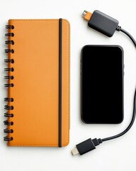 A vibrant orange notebook beside a smartphone and charging cable, showcasing a blend of creativity and technology.