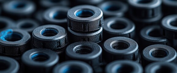 Close-up of dark gray cylindrical parts with a central hole and a blue inner ring, stacked and scattered.