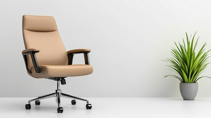 Modern Beige Office Chair with Plant, Minimalist Design