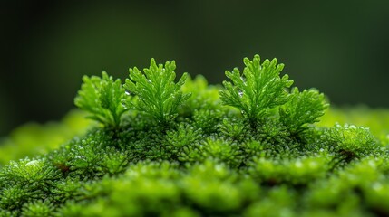 Close-up of vibrant green moss with tiny fern-like plants.