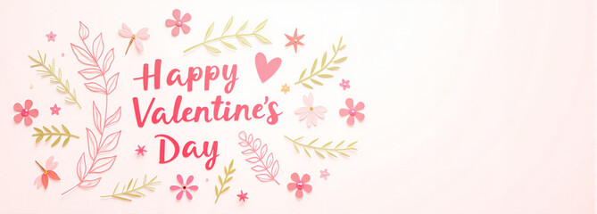 Pastel background with floral wreath design and "Happy Valentine's Day" in elegant pink text.