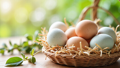 Pastel Easter eggs in woven basket with greenery on wooden table