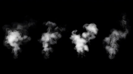 Fototapeta premium A wide design of smoke or steam clouds billows against a black background.